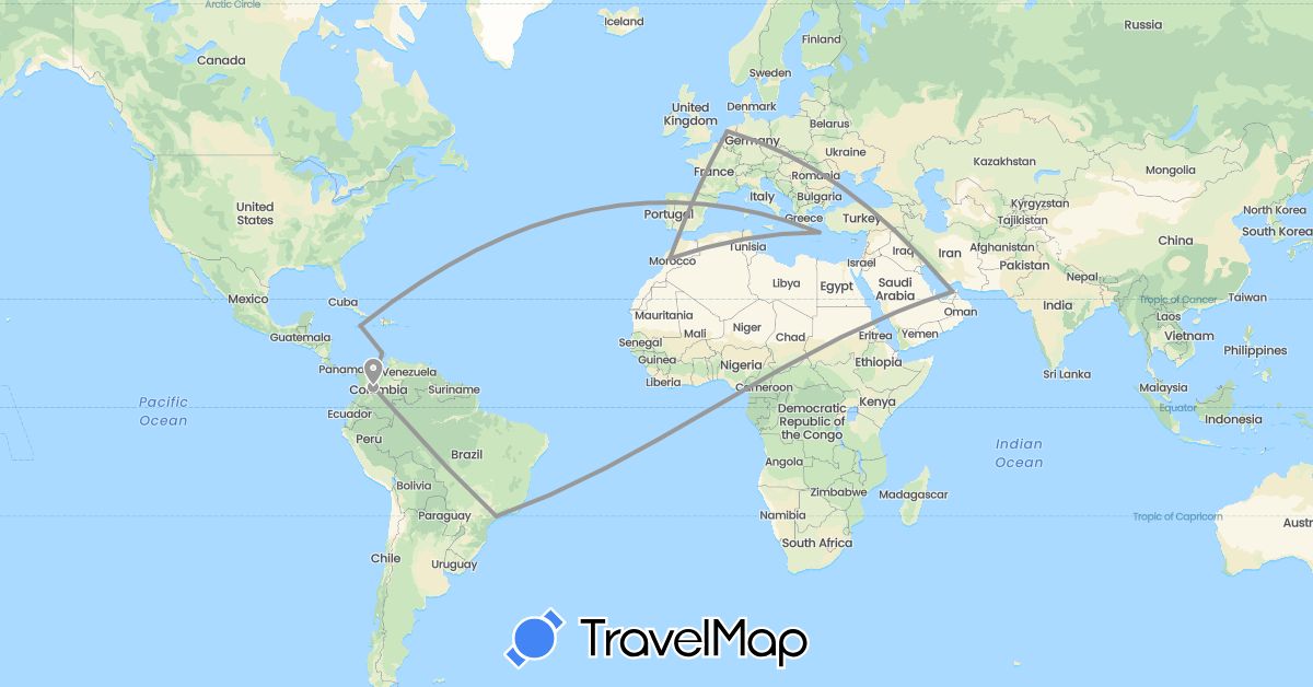 TravelMap itinerary: driving, plane in United Arab Emirates, Brazil, Colombia, Greece, Jamaica, Morocco, Netherlands (Africa, Asia, Europe, North America, South America)